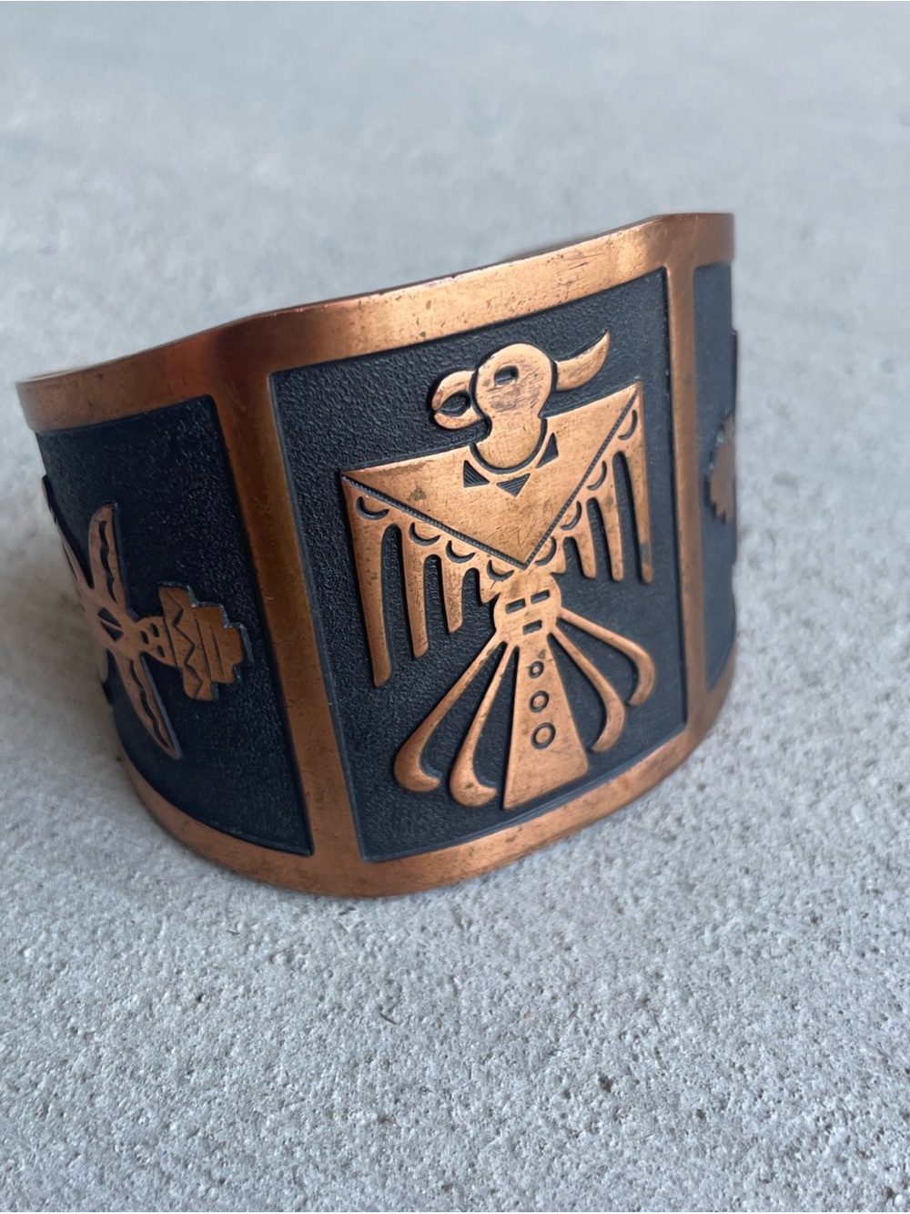 Vtg Fred Harvey Era Copper 2" Wide Cuff Bracelet Thunderbird Bell Trading Post?